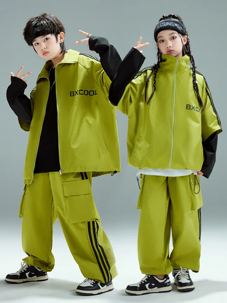 Kids Jazz Dance Sportswear Costume Girl's Hip Hop Dancing Performance Outfits Boys Street Stage Show Set Green Coat Pants