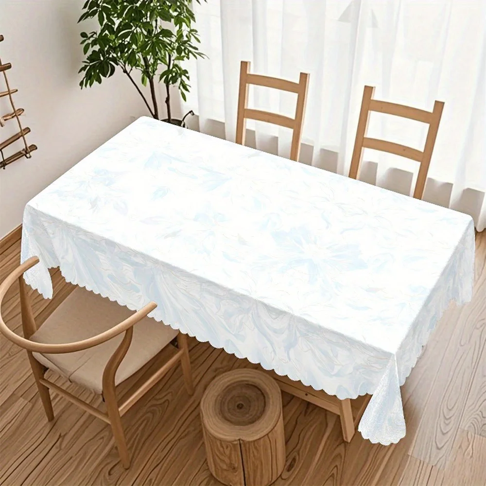 A floral-themed tablecloth - Sophisticated and elegant light blue flowers. Multiple sizes available. Made of polyester.