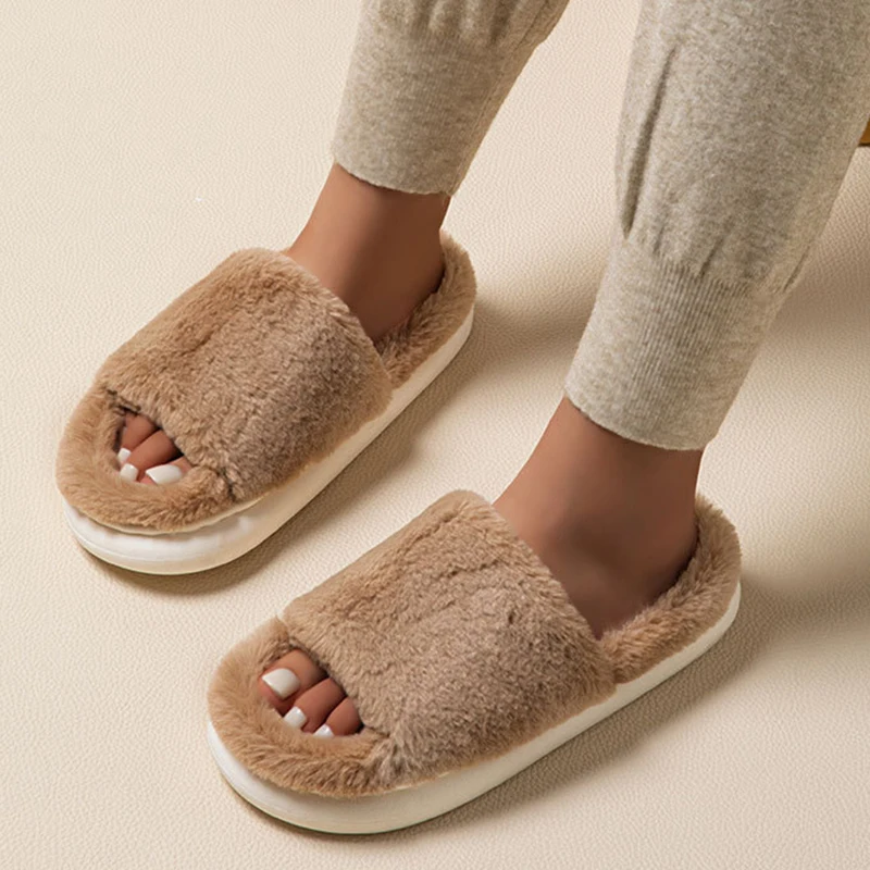 Fashion White Platform Fur Slippers for Women 2024 Winter Warm Plush Home Slippers Woman Open Toe Non Slip Indoor Fuzzy Slides