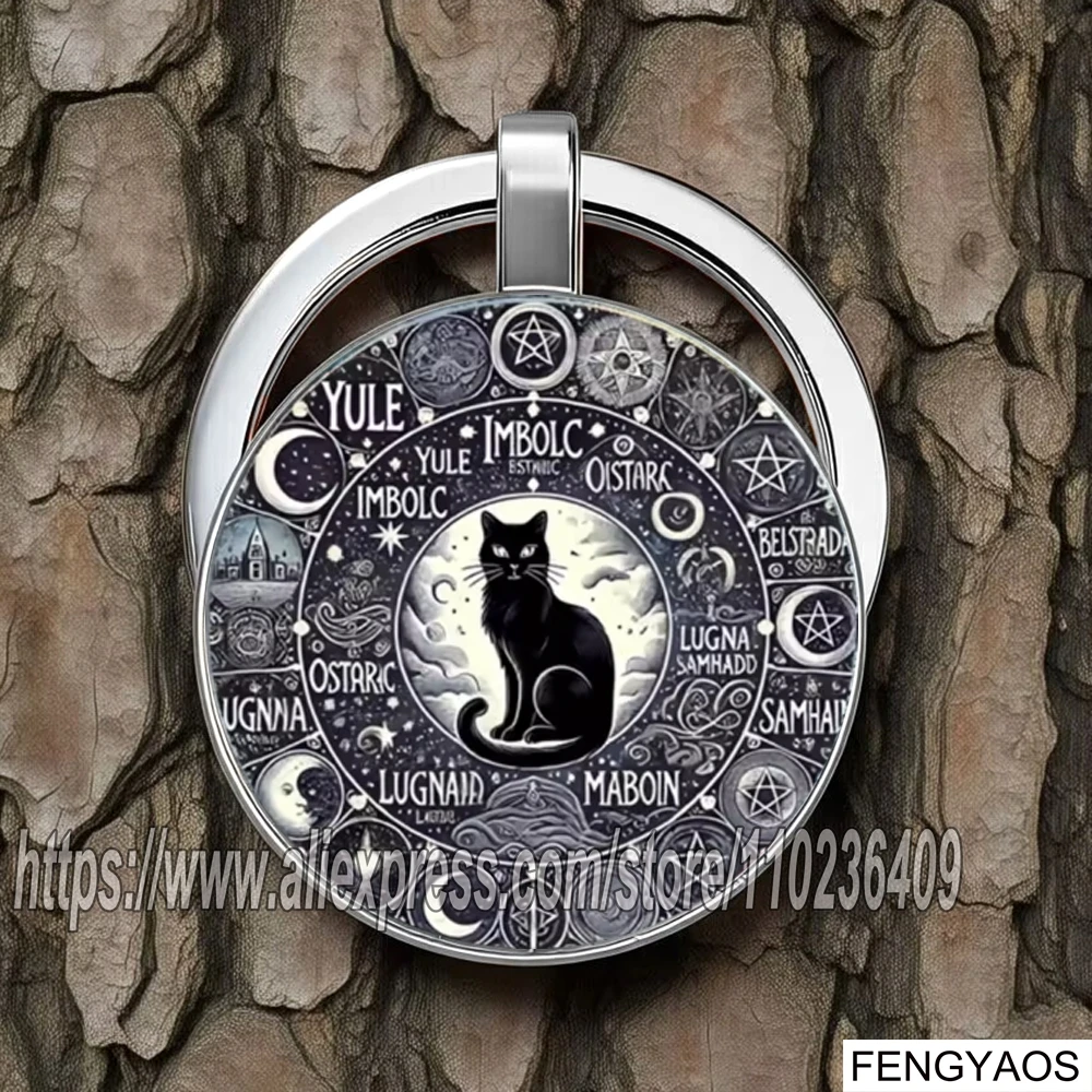 Wicca Wheel of The Year Black Cat Keychain Pagan Sabbat Calendar Glass Dome Key Ring Witchy Gothic Bag Charm Spiritual Gift