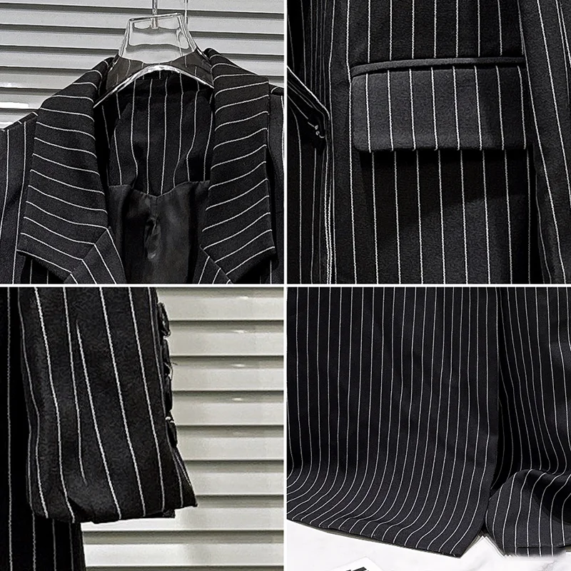 KBQ Casual Slimming Stripe Jackets For Women Lapel Long Sleeve Spliced Pockets Autumn Temperament Jacket Female Fashion Style