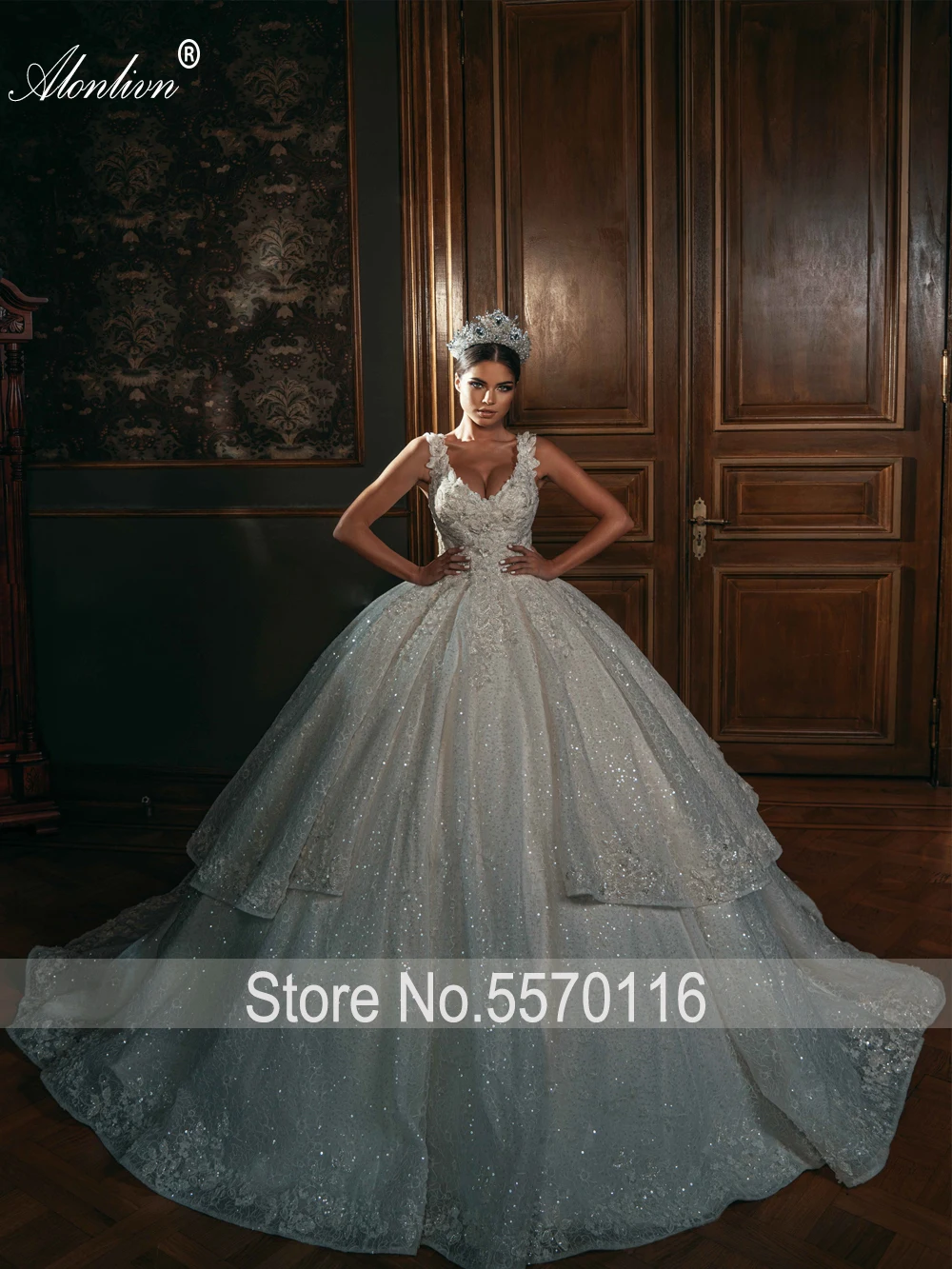 Alonlivn Attractive Bling Lace Beading Appliques V-Neck Sleeveless Ball Gown Wedding Dresses