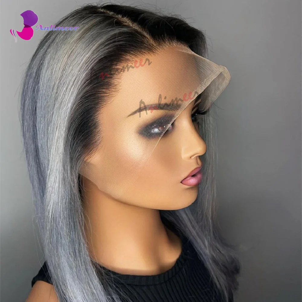 Ombre Grey Lace Front Wigs Human Hair Glueless Wigs Human Hair With Elastic Band Human Hair Wig Straight 13x4 Lace Front WIgs