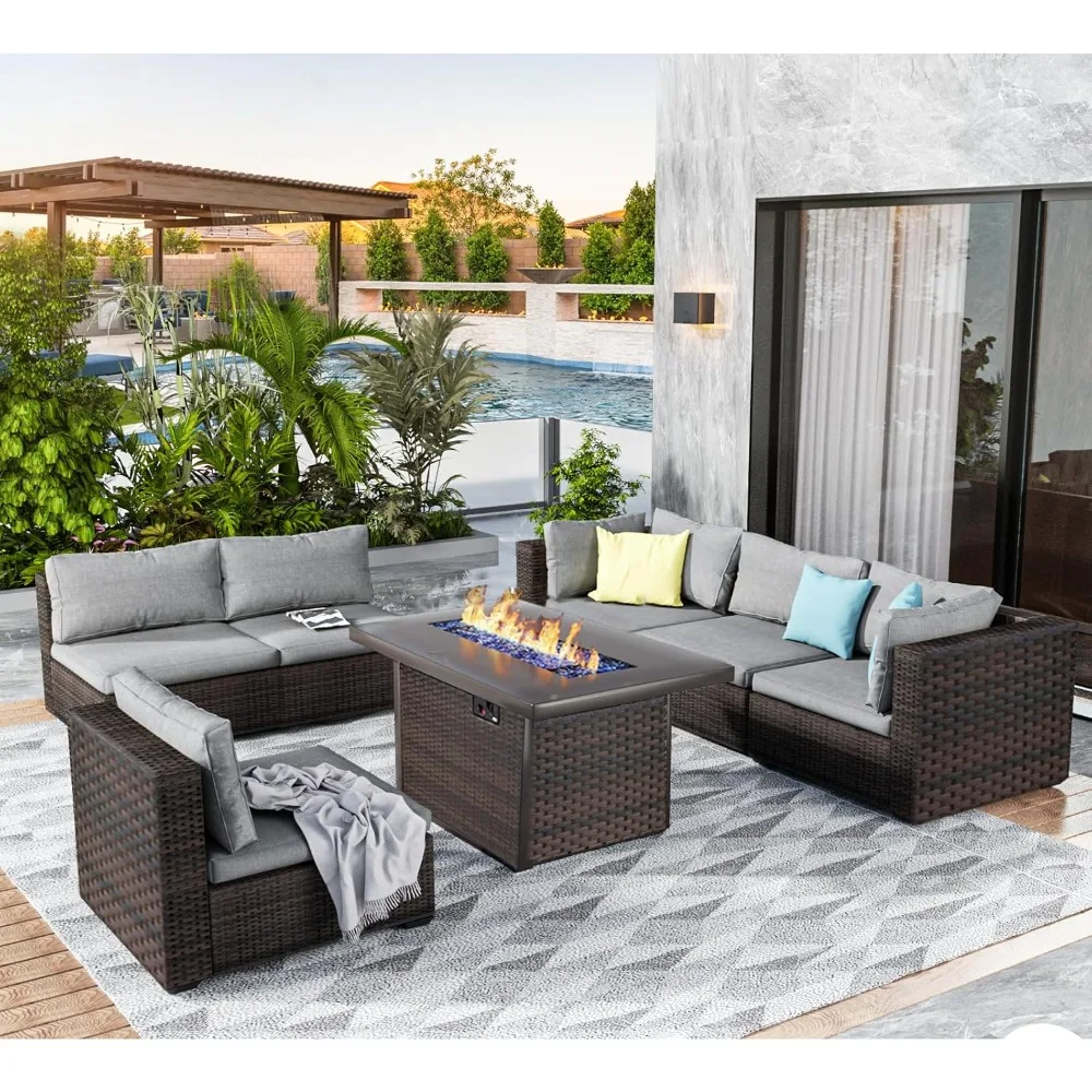 

7 Pieces Outdoor Sectional Patio Furniture Set with Fire Pit Table PE Rattan Wicker Patio Sectional Conversation Set with Cushio