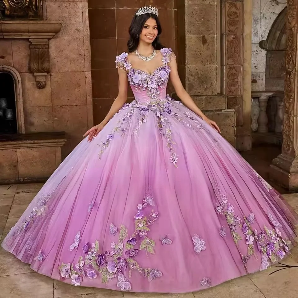 

Современное сиреневое мексиканское платье Quinceanera 2025 года с цветами и 3D цветами, бальное платье с аппликацией из бисера, без рукавов, вечернее платье Vestidos De 15 Anos