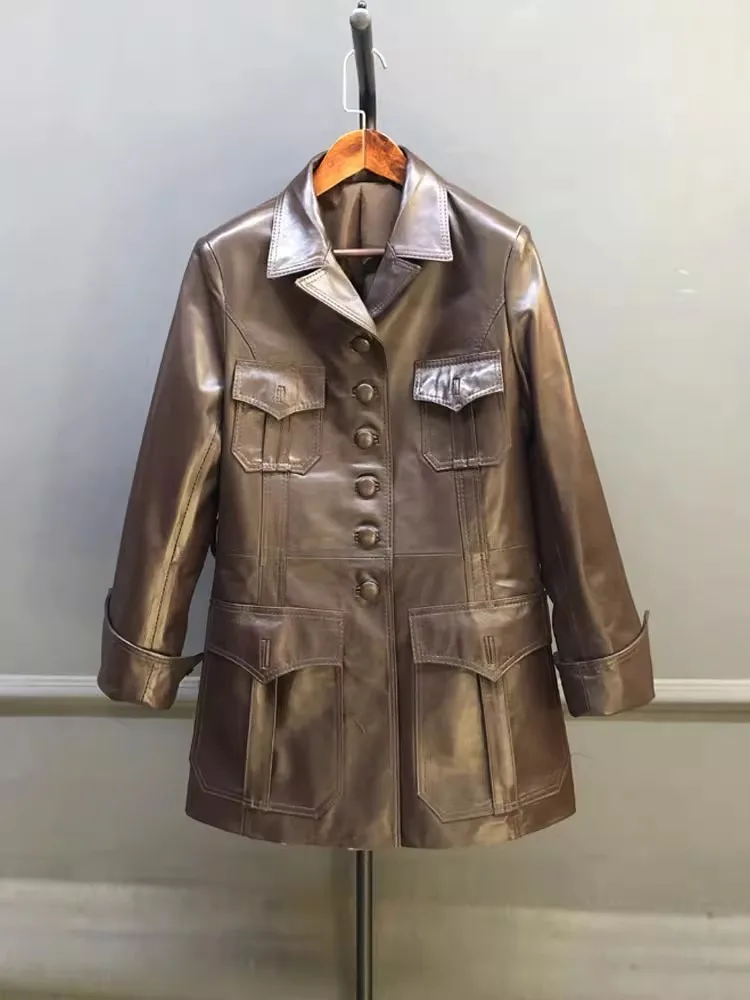 Punk Women Genuine Leather Jacket Autumn Single Breasted Slim Fit Retro High Street Real Sheepskin Medium Long Windbreaker Coat