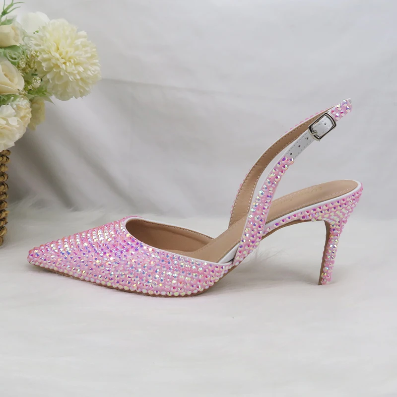 2022 New Arrival Heart Pink AB Bling Pointed Toe Wedding Shoes and bag Woman High Pumps Thin Heel Party Shoes woman Slingbacks