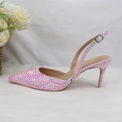 2022 New Arrival Heart Pink AB Bling Pointed Toe Wedding Shoes and bag High Pumps Thin Heel Party Shoes woman Slingbacks
