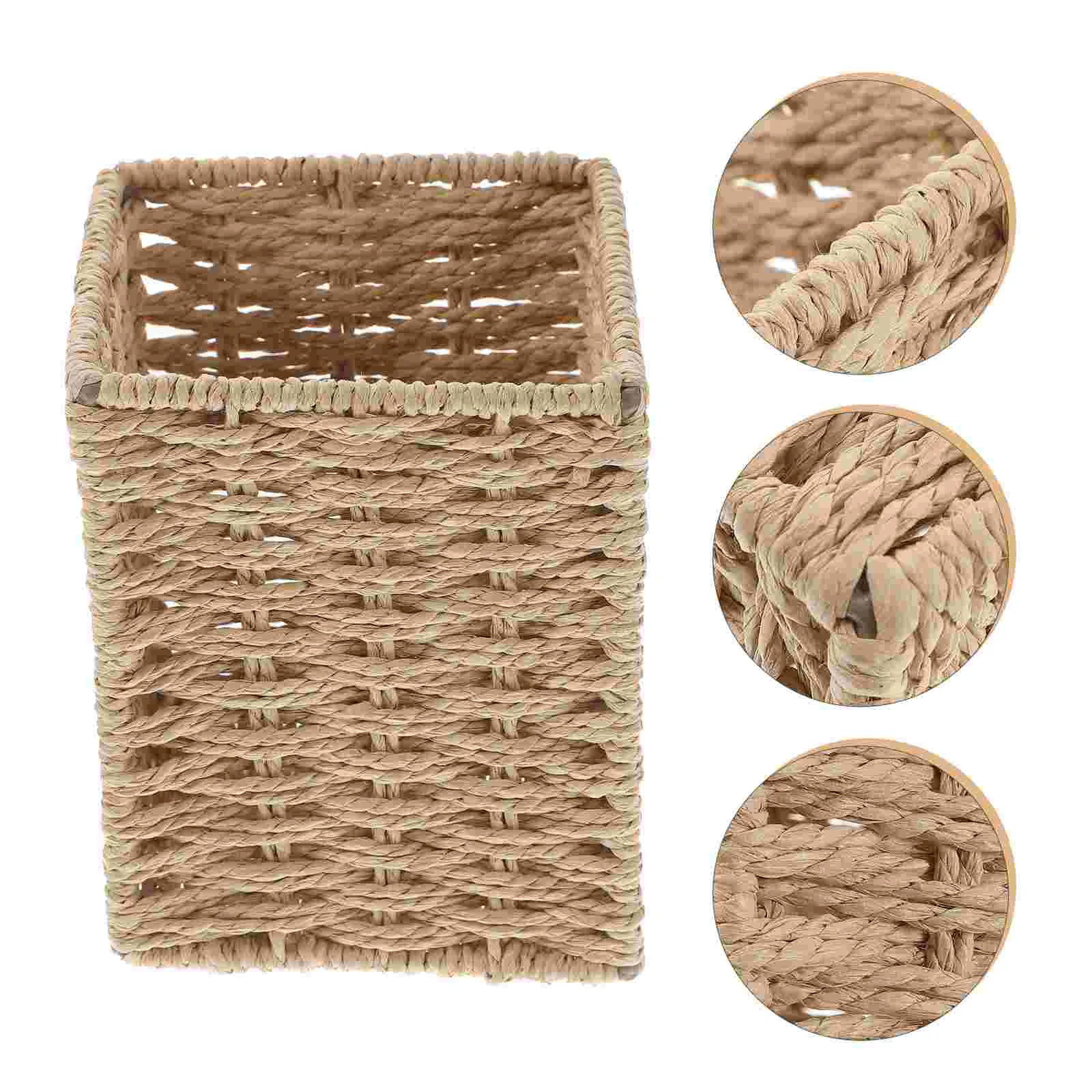 

Woven Storage Box Basket Silverware Lid Hamper Sundries Finishing Tea Table Desktop Garbage Can Office