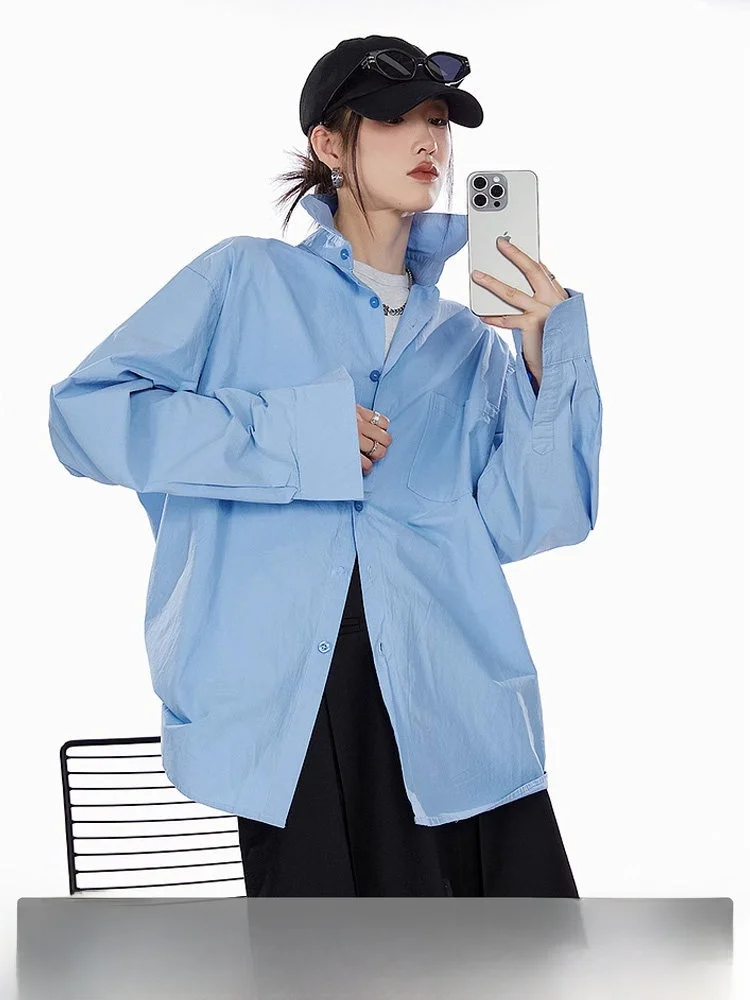 

Ich Mode American Sle Loose Fit Blue Casual irt Lazy Open irt Jaet Women's Cotton Long Sve Collarl Coat