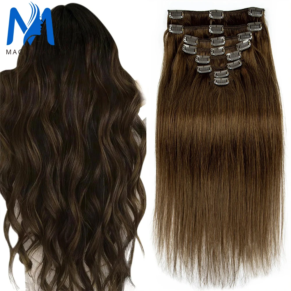 Clip In Hair Extensions Human Hair 26 Inch Straight Human Hair Extensions 20g 10A Real Hair Clip Ins Brown Hair for Women