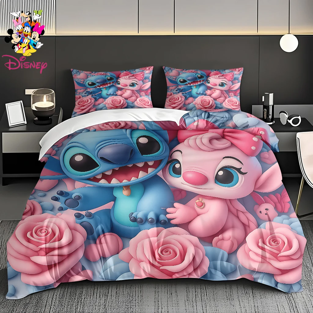 

2/3pcs Disney Stitch & Angel Duvet Cover Set Without Filler,Rose Couple Digital Print Perfect for Family Bedrooms & Guest Rooms
