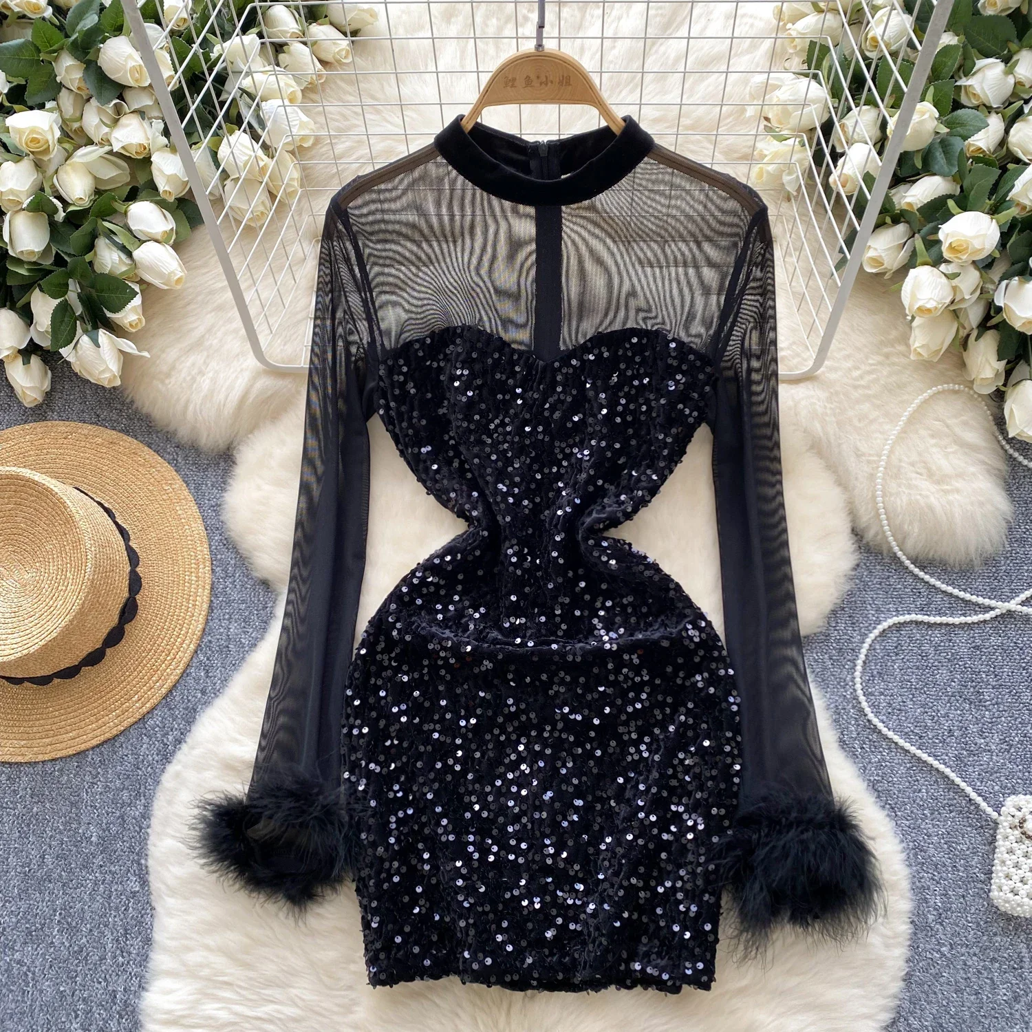 Women O-neck Vintage Feather Long Sleeve Elegant Mesh Spliced Sequins Slim Dresses French Evening High Street Autumn Clothing