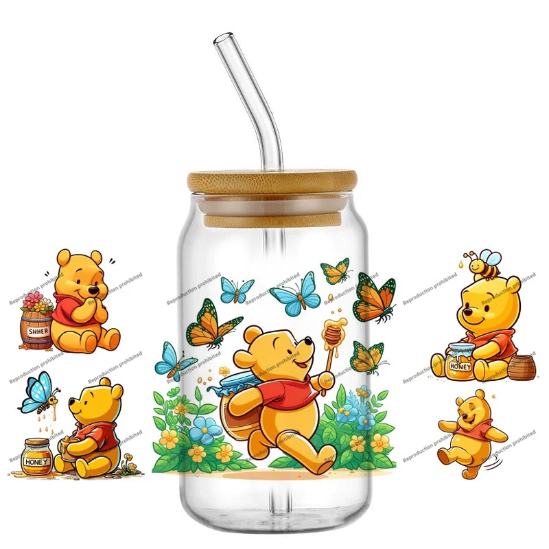 New Lovely Cartoon Winnie Bear Friend 3D UV DTF Stickers For 16oz Glass Can Cup Coffee Mug DIY Decals Theme Transfer Gift