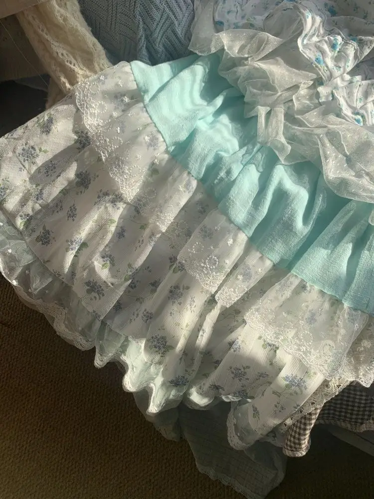Summer Vacation Floral Vinatge Long Skirt Women Sweet Lace Stitching Loose Skirts Cottagecore Style Elegant  A-line Skirts 2025