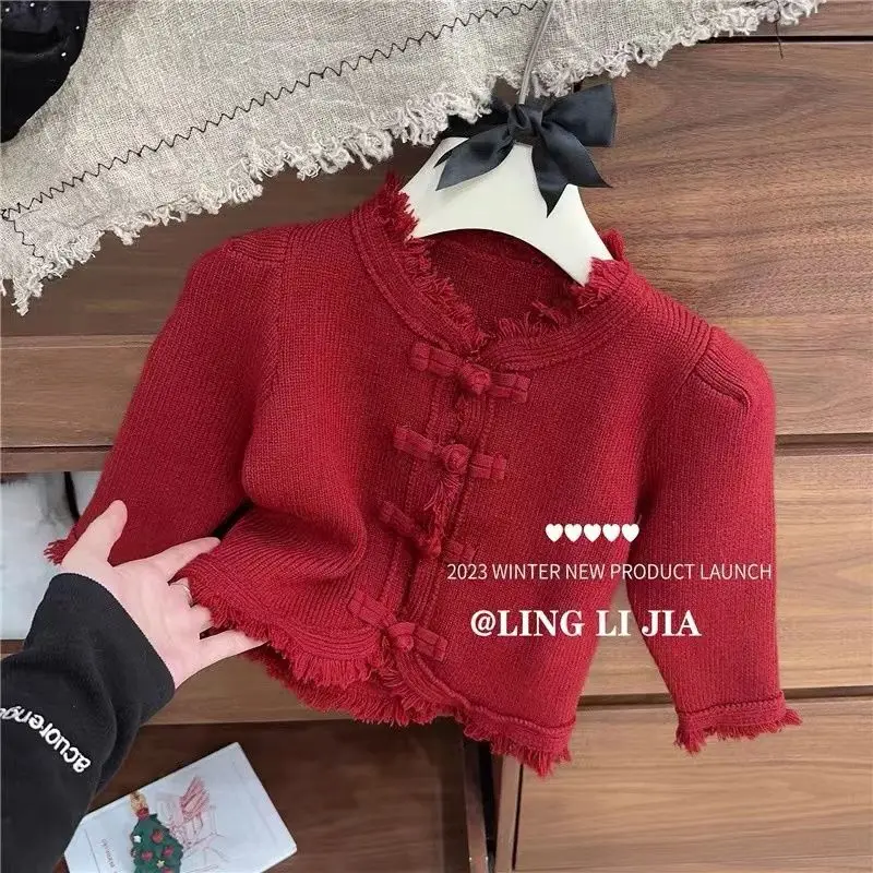 Girls Fringe Round Neck Knit Cardigan Thickened Retro Chinese Knot Buttons New Year Sweater Coat for Baby Girls Festive Fashion