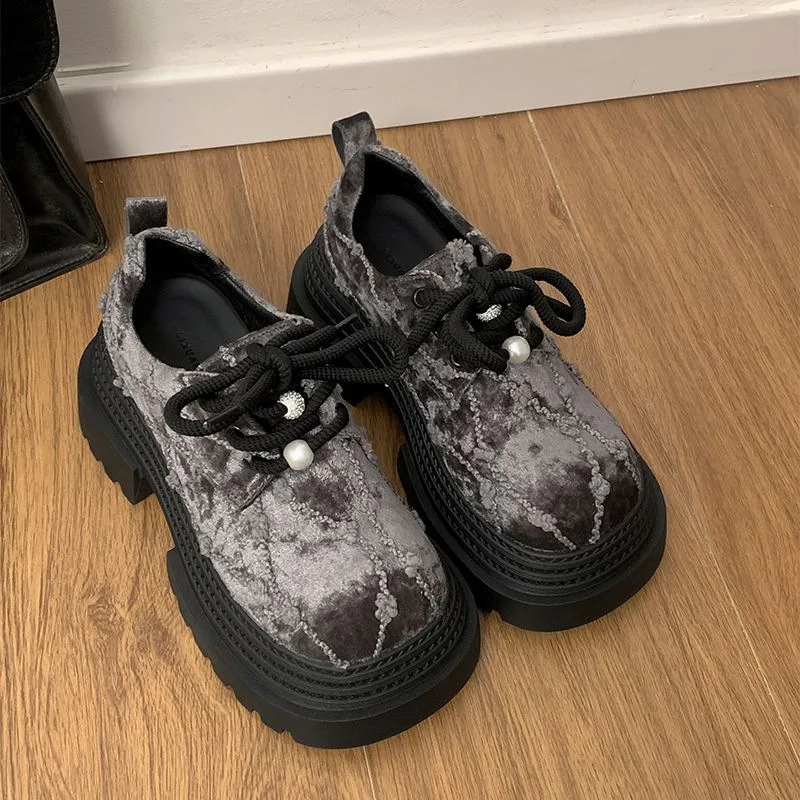 

Round Toe Loafer Flats 2025 Autumn Winter Women's Big Head Design Chunky Lace-Up Platform Shoes Doll School Style Shoes