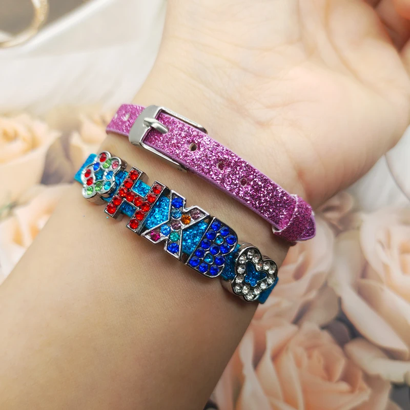 New 8mm PU Glitter Bracelet For Women Jewelry Making Slide Letter Charms Bangle Glitter Wristband DIY Accessories Gift