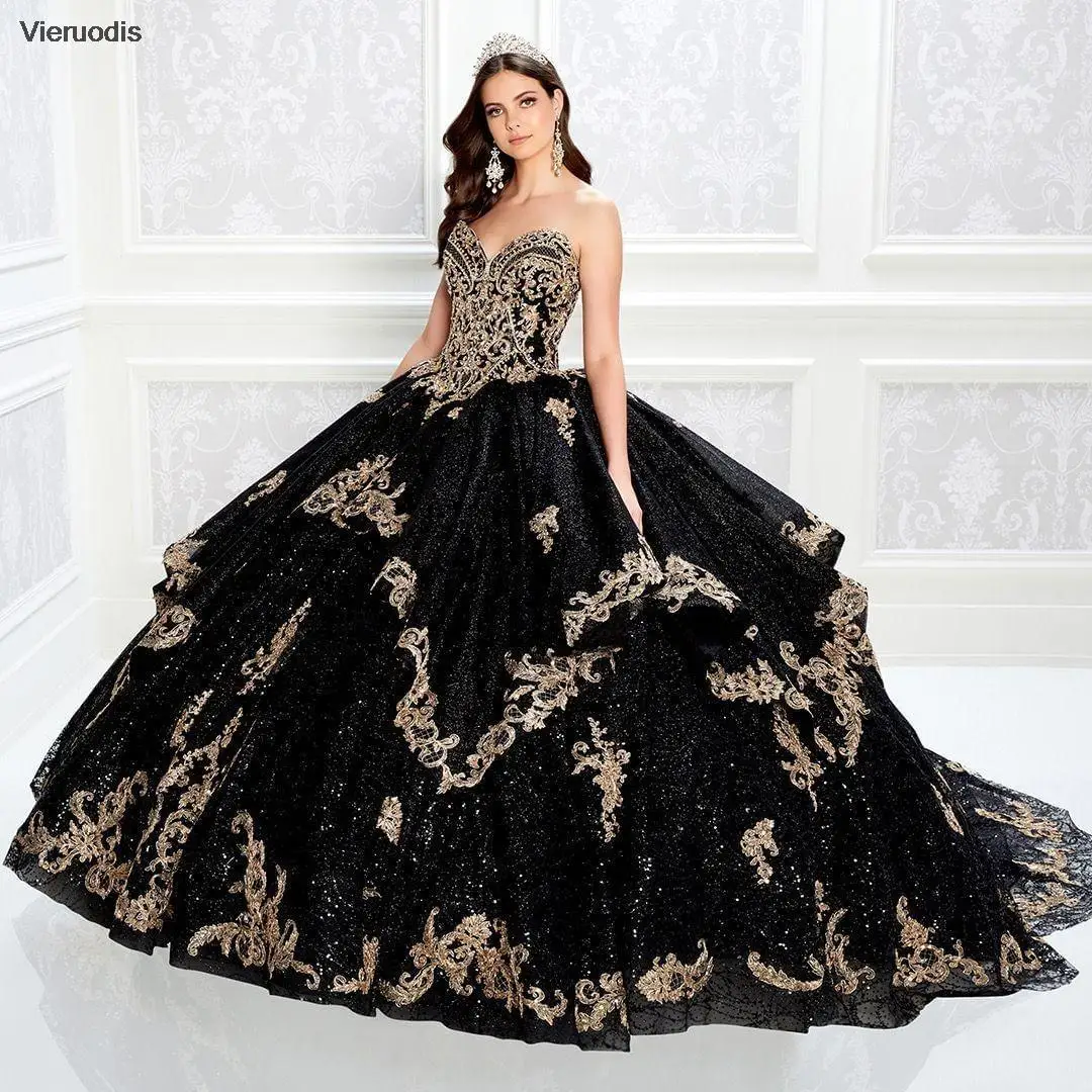 Vestidos de quinceañera de Color negro, apliques de champán, vestido de baile con cuentas, lentejuelas brillantes, vestido de fiesta largo para 15 años, 2021