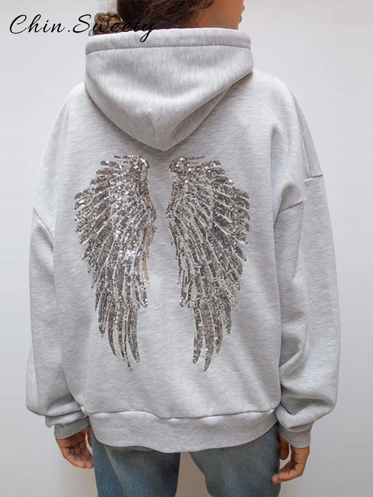 Уличные комплекты брюк с капюшоном и блестками, женский свитер с v-образным вырезом и длинными рукавами и карманами, прямые брюки, осень 2021, женский шикарный костюм