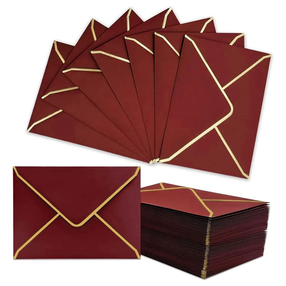 Gfc-100 PCS A7 Burgundy Invitation Envelopes with Gold Border, 5x7 Inch, V-Flap, Quick Seal - Perfect for Special Occasions