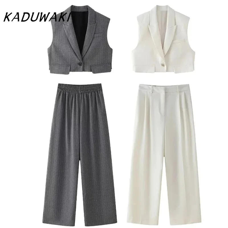 

KADUWAKI Summer Women Fashion Trousers Set Clamshell Decoration Short Vest Top Pockets Vintage Female Wide Leg Long Pant 2pcs