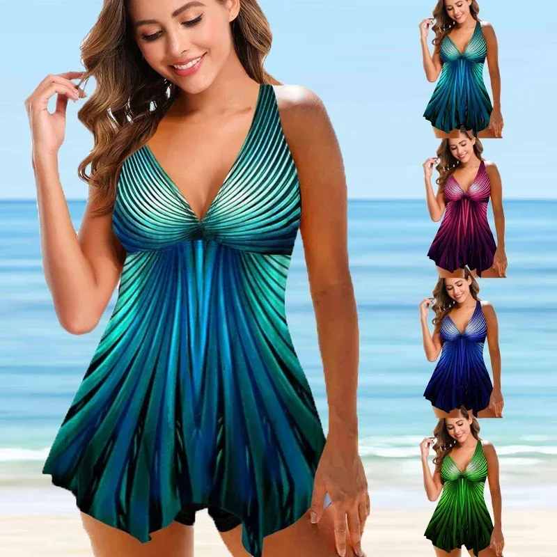 

Summer Women's Fashion Vacation Comfortable High Quality Wave Print Tank Top Shorts Beach Two Piece Set S-6XL