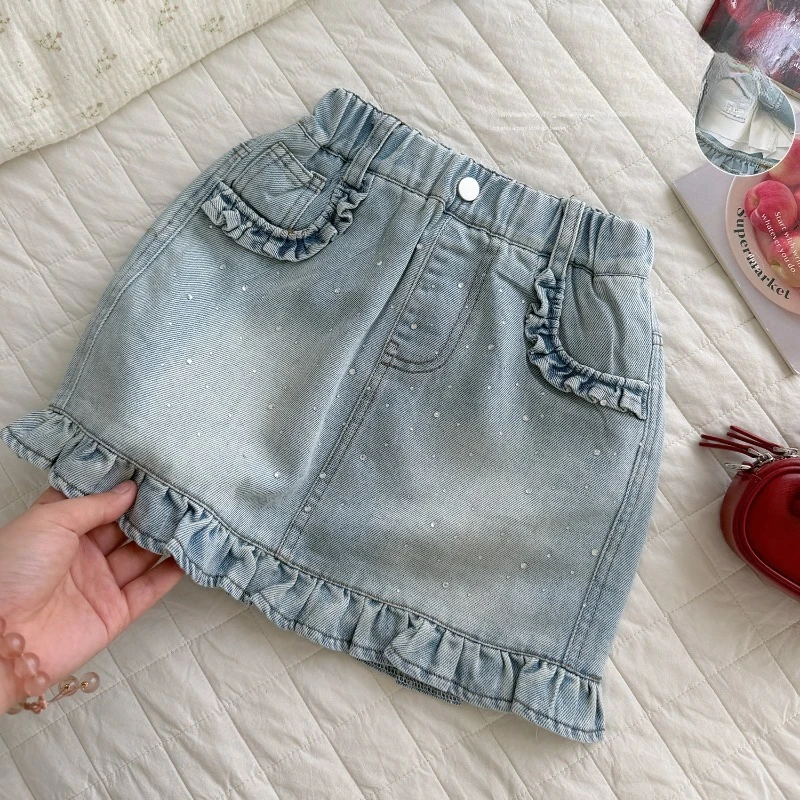 Girls' Summer New Soft Stone Polished Full Diamond Hot Stamping White Denim Shorts Fashionable Stylish