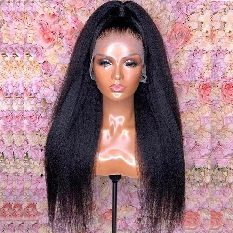 180Density  26Inch Black Yaki Soft Kinky Straight Long Lace Front Wig For Women With Baby Hair Preplucked Daily Glueless