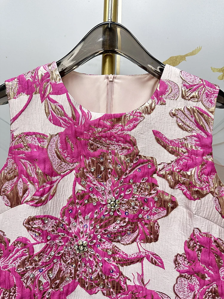 Abiti da festa da sera francesi eleganti da socialite girocollo senza maniche fatti a mano con perline jacquard a vita alta abito corto a trapezio da donna