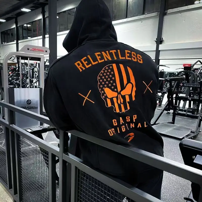 Skeleton King heavyweight jacket men's insulated warm sports hoodie fleece-lined XLarge embroidered fitness suit loose sweet