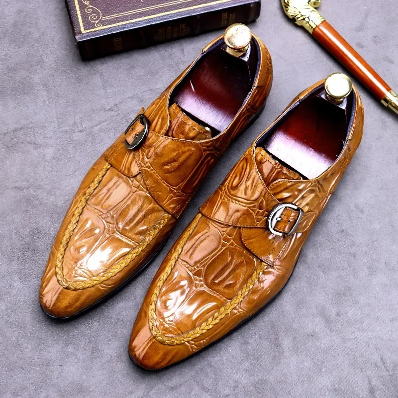 Retro Mens Dress Shoes Luxury Genuine Leather Summer British Trend Fashion Crocodile Pattern Handmade Quality Wedding Shoes Man