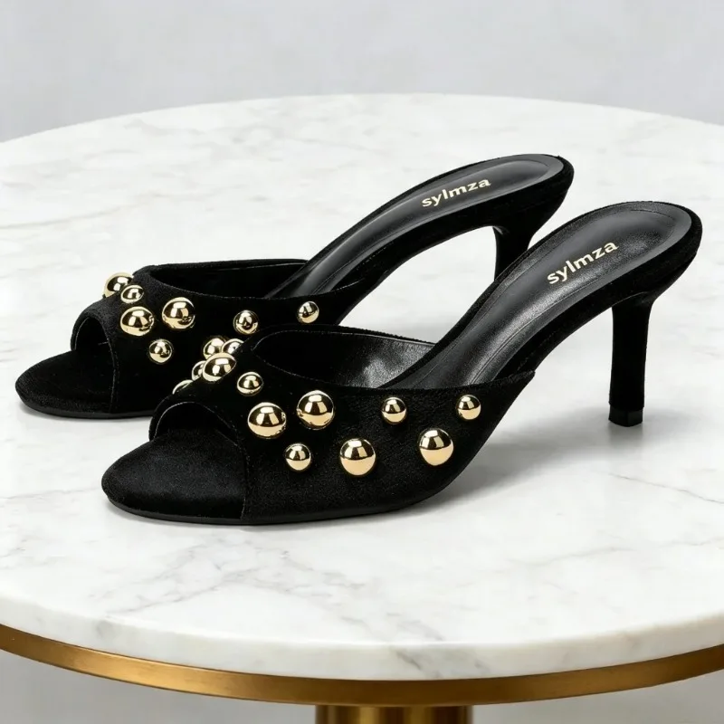 Fashion Metal Rivet Decoration High Heel Slippers Women Sexy Peep Toe Stiletto Slide Sandal Comfort Round Toe Velvet Black Heels