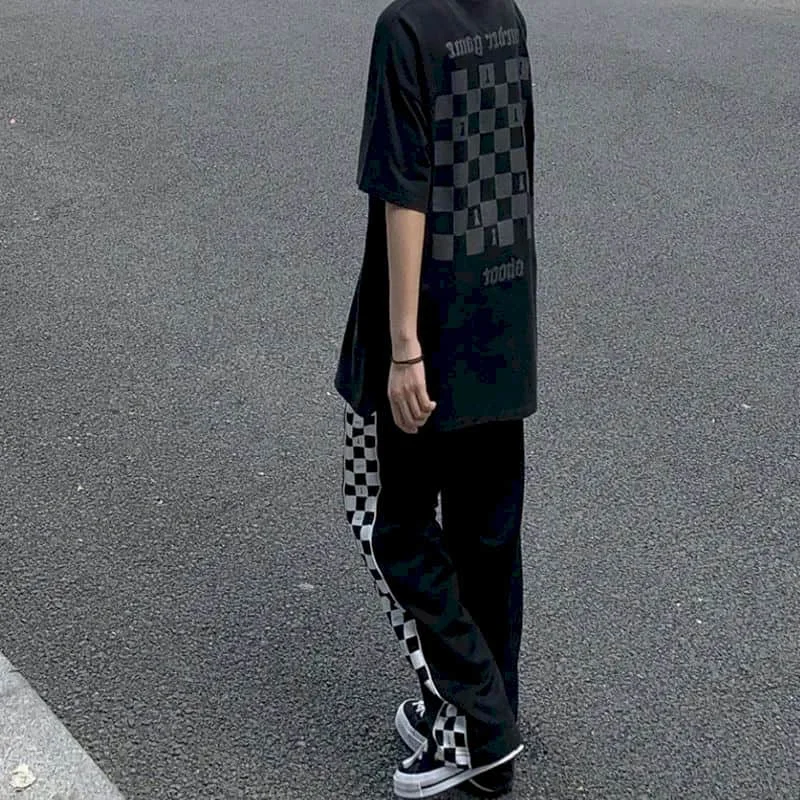 Black Pants Women\'s Pants Korean Fashion Sport LOOSE Trousers Checkerboard Side Clothes Streetwear Women Full Length Sweatpants