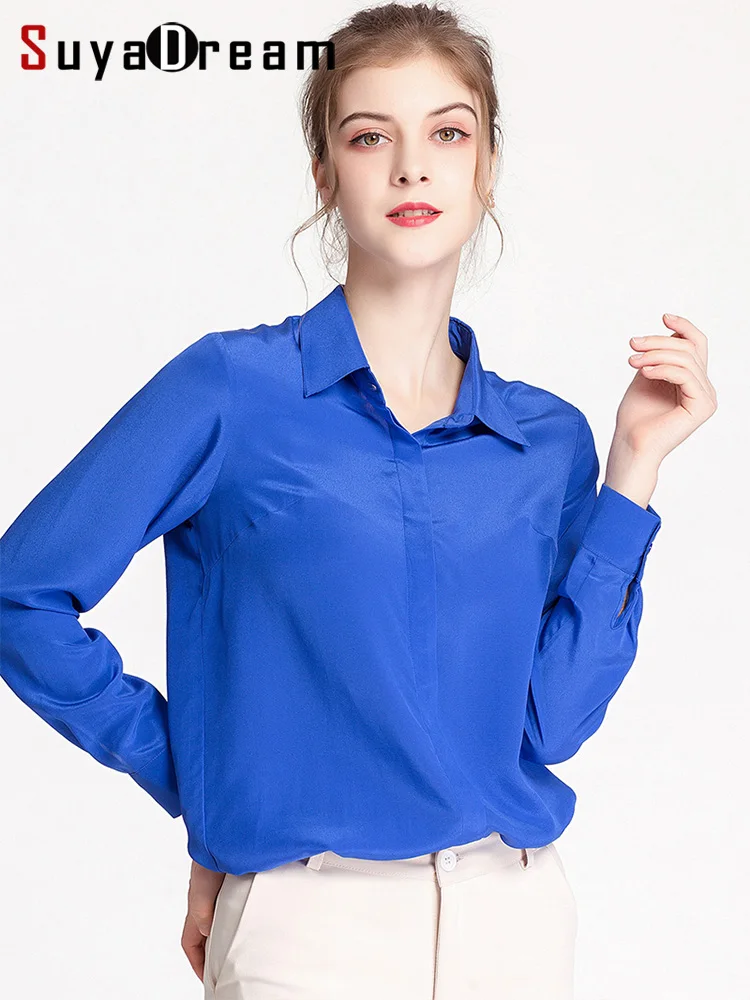 SuyaDream-Camisa de manga comprida em crepe de seda feminina, blusa sólida, escritório, chique, azul, preto, 100% seda, outono, inverno, 2021