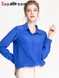 SuyaDream Women Silk Shirt 100%Silk Crepe Long Sleeved Solid Blouse Shirt 2021 Autumn Winter Office Chic Shirt Blue Black