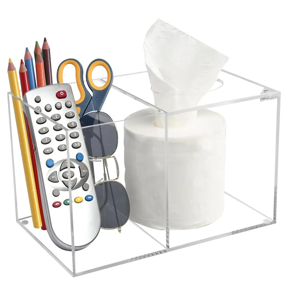 

Square Tissue Box Cover, Multi-Functional Acrylic Tissue Remote Control Holder For Bedroom Nightstand End Table (Clear)