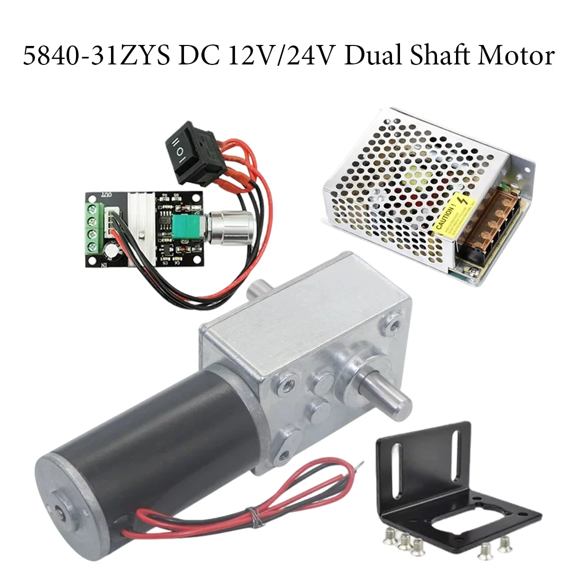 

5840-31ZYS DC 12V Dual Shaft Motor+ Bracket+Speed+Controller+Power Supply High Torque Metal Worm Turbo Reduction Gear Motor