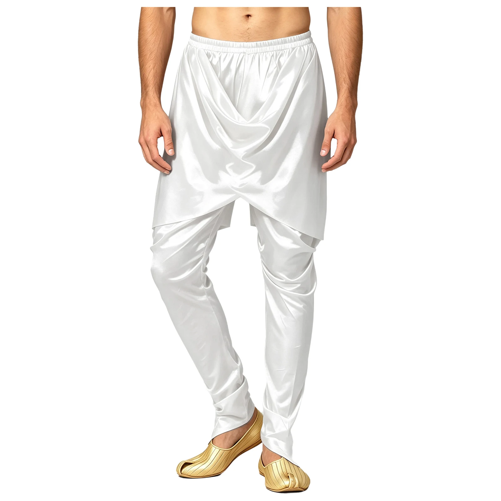 Men Satin Dhoti Belly Dance Trousers Cross Front Ruched Harem Pants Arab Indian Outfit for Halloween Role Playing Themed Party