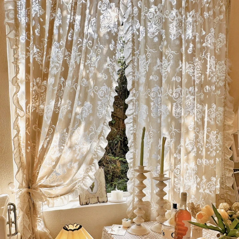 French Retro Romantic Rose Hollow Gauze Curtain Bedroom Girl Dream Partition Cream Lace Bay Window Curtain Half Curtain