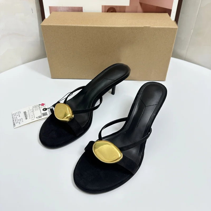 

2026New Summer High-Heeled Sandals for Women, Fashionable Metal Buckle Decorated Mules with Open Back and Thin Straps