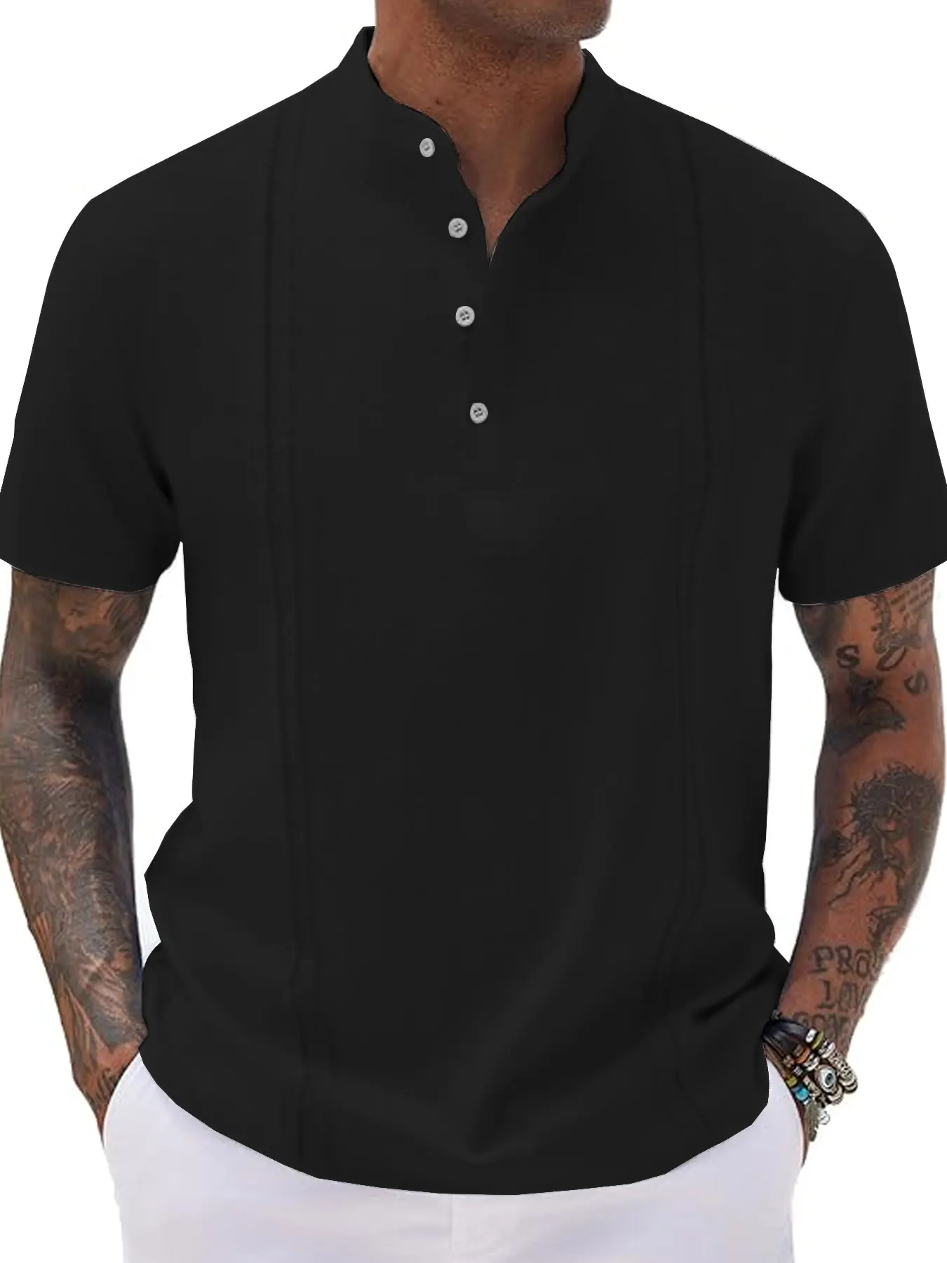 Men's short sleeved shirt Popular striped polo shirt Solid color half cardigan button up stand up collar top Hot sale Men's wear