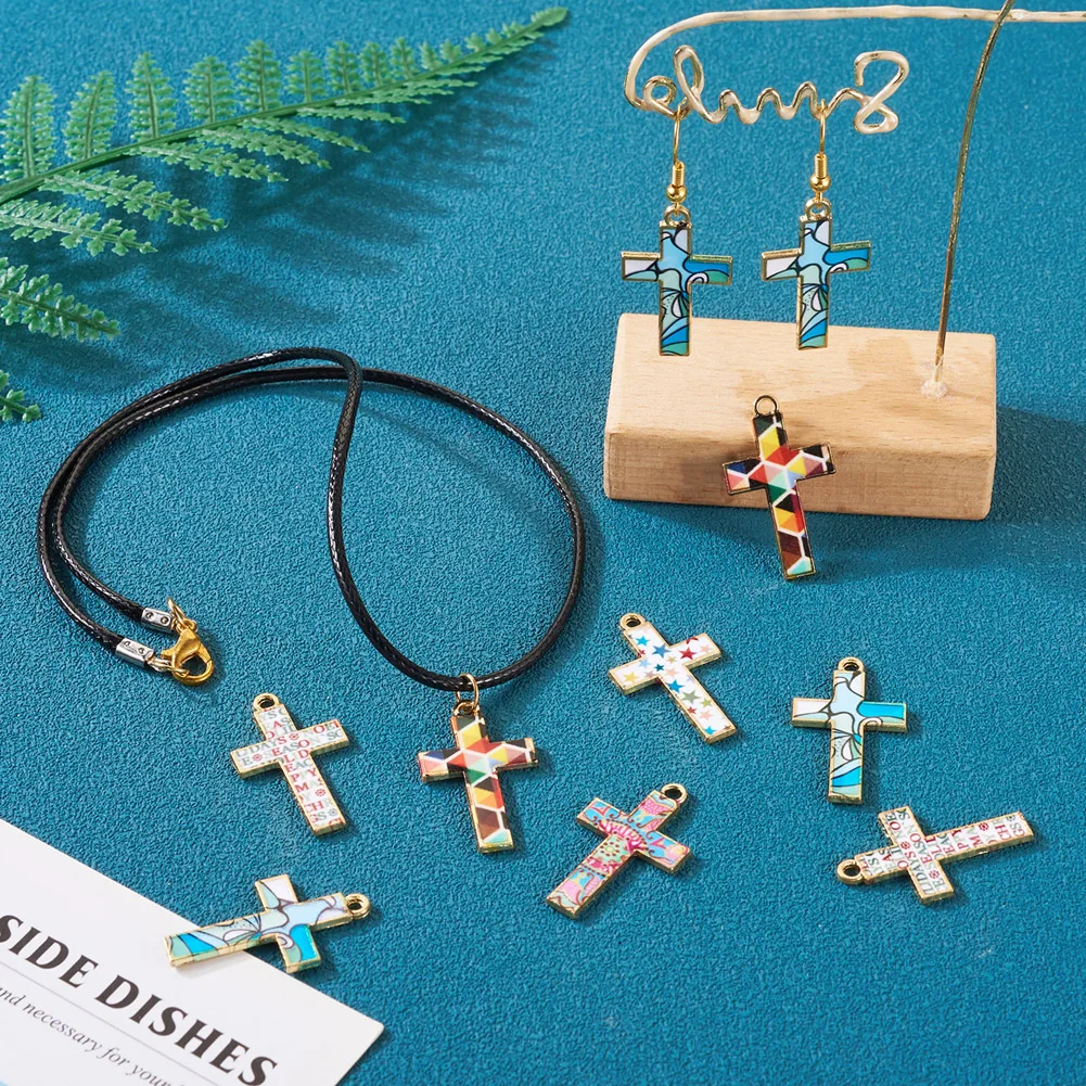 30pcs Mosaic Style Cross Enamel Pendant Mix Color Crucifix Religion Charms for Jewelry Making DIY Accessories 29x17x1.5mm