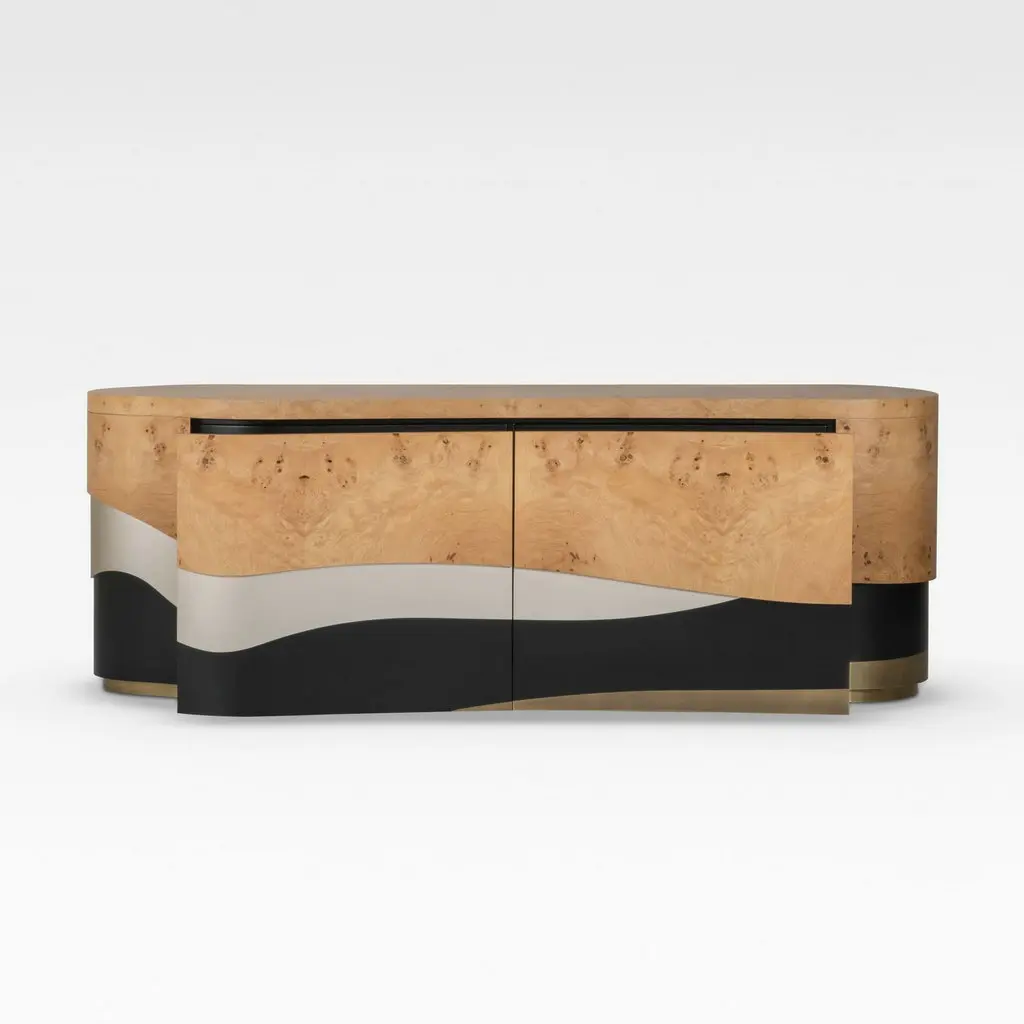 #Modern Walnut Burl Wood Veneer High Gloss Sideboards Stylish Buffet Sideboard with Drawer Sleek Storage Cabinet for Dining Room