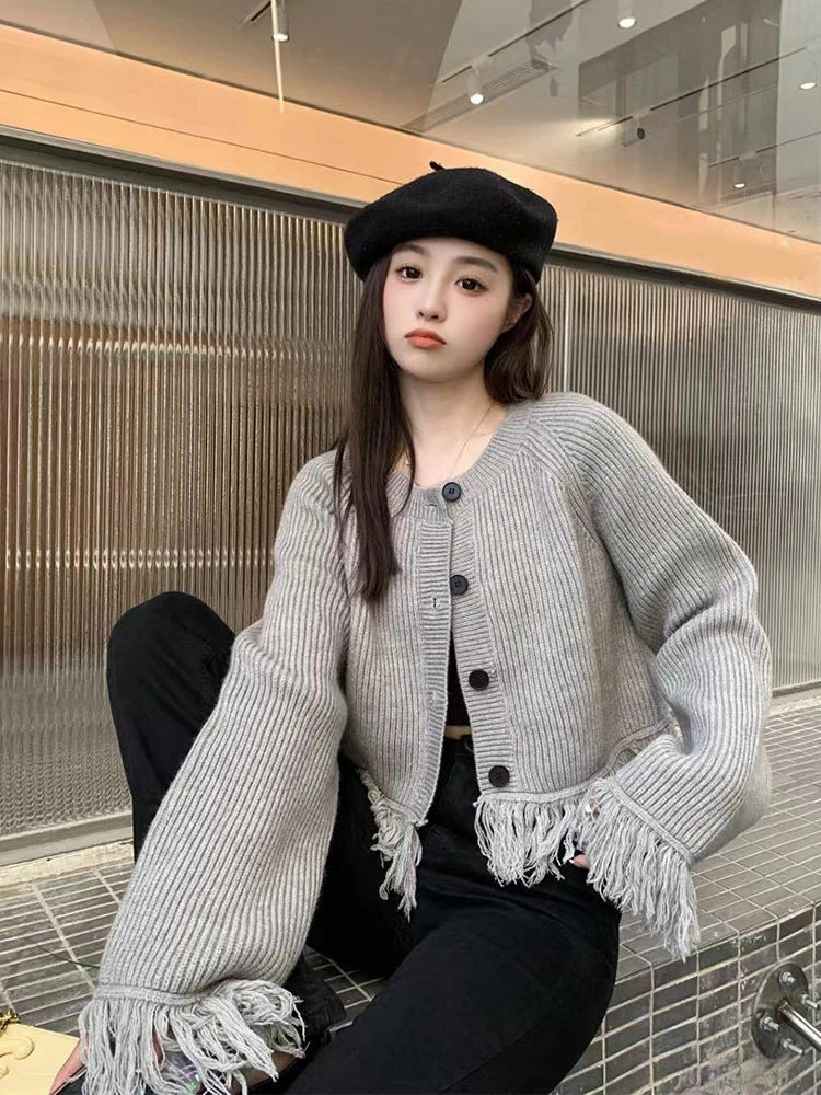 Zoki Fashion Tassel Grey Cardigan Women Korean Loose Sweet Casual Sweaters Simple Buttons Lazy Wind Long Sleeve Knitted Coat