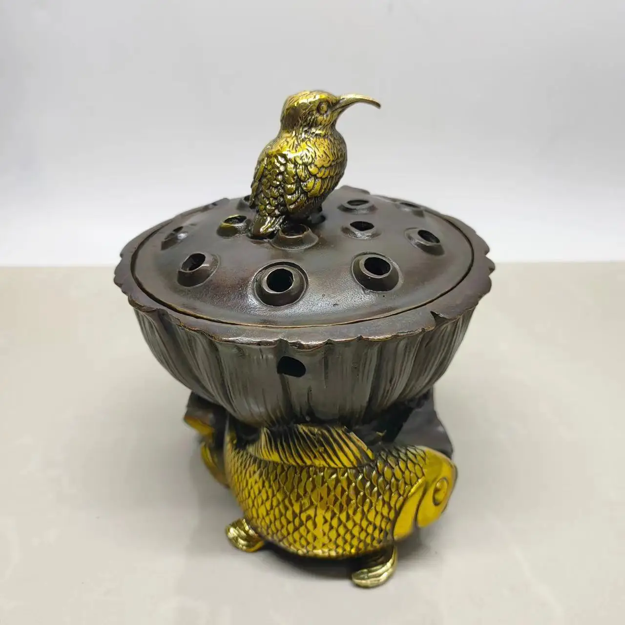 

Collection old Chinese copper fish&bird censer statue