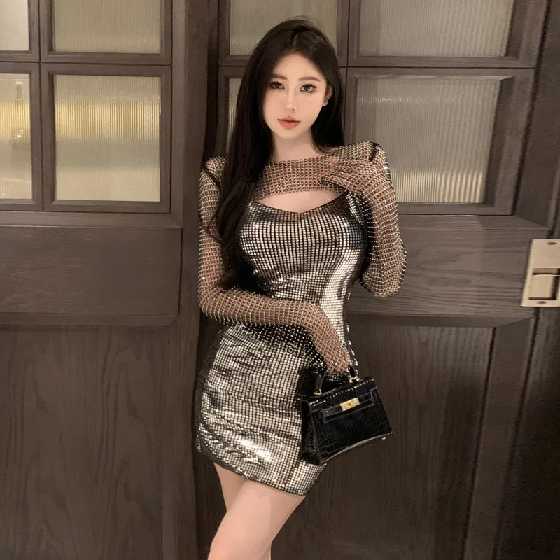 

2026 Summer New Fashionable European American Sexy Spicy Girl Style Mesh Diamond Sunscreen Coat+sequin Strap Dress Set for Women
