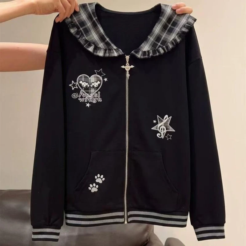 Y2K Harajuku Korean Preppy Zip Up Jacket Women Plaid Ruffle Sailor Collar Music Note Star Embroidery Loose Fit Casual Outfit