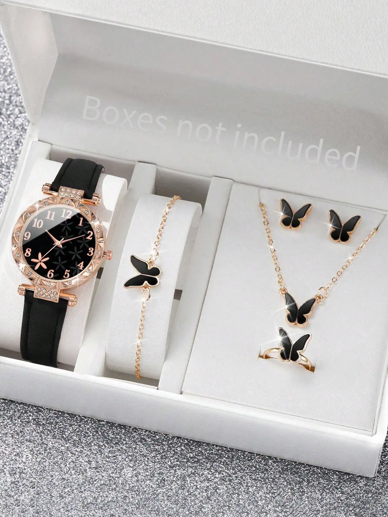 

Набор из 6 предметов: женские часы и украшения с бабочками — розовое золото, черный циферблат и ремешок