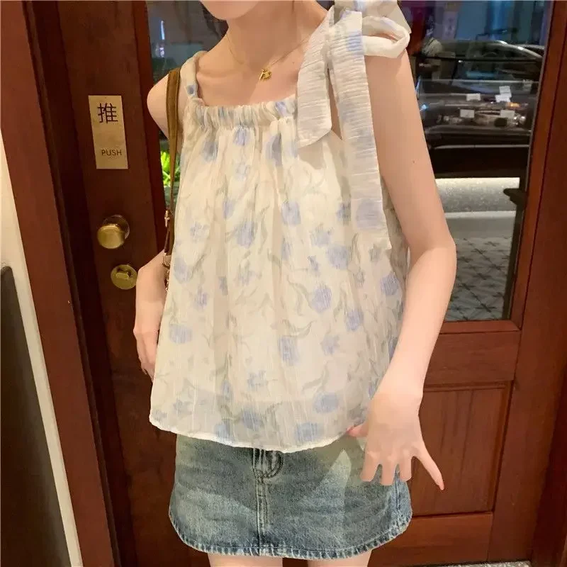 

Women's Summer Halter Camisole Top, Floral Print Lace-Up Front, Office Sweet Thin All-Match Blouse